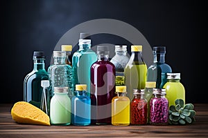 Assorted cleaning products on white surface, highlighted by blue gradient, wide copyroom