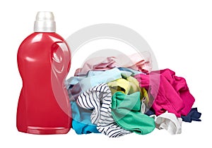 Assorted clothes with detergent bottle, loundry housework. Isolated