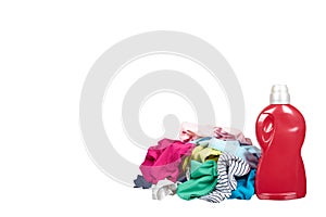 Assorted clothes with detergent bottle, loundry housework. Isolated