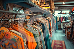 Assorted clothing on racks in a vintage store interior