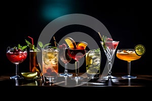 Assorted Cocktails on a Dark Background. AI