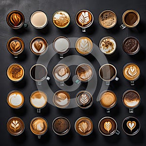 Assorted coffee cups with latte art isolated top view on dark background