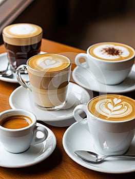 Assorted coffee cups with various coffee drinks isolated on white background