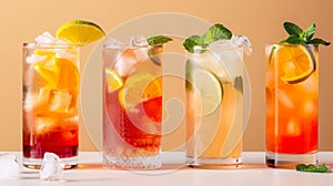 Assorted Cold Refreshing Beverages With Citrus and Mint on Beige Background