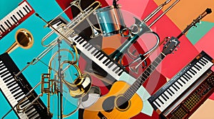 Assorted collage of musical instruments. Guitar keyboard Brass percussion studio music concept.