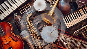 Assorted collage of musical instruments. Guitar keyboard Brass percussion studio music concept.