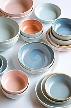 Assorted Collection of Colorful Ceramic Bowls and Plates on White Surface