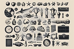 Assorted collection of different types of objects displayed on a plain white surface