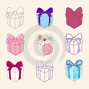 Assorted colored boxes with bows