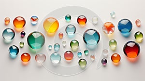 Assorted colored glass balls arranged neatly against a white background. Concept of glass art, marbles collection, color