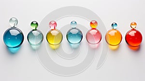 Assorted colored glass balls arranged neatly against white background. Concept of glass art, marbles collection, color