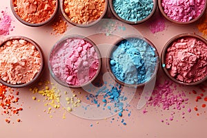 Assorted colored powders arranged in small bowls, resembling the vibrant hues of the Holi Festival of Colors