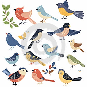 Assorted colorful birds various species feathers foliage. Cartoon style avian collection wildlife