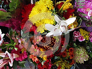 Assorted colorful bright flower bouquets on display