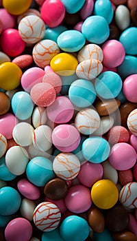 Assorted colorful candies in glazed coating - top view of delicious confections on display