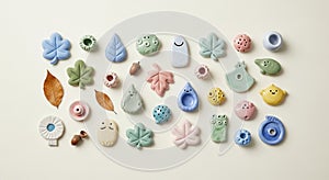 Assorted colorful ceramic objects are arranged on a light background. The items