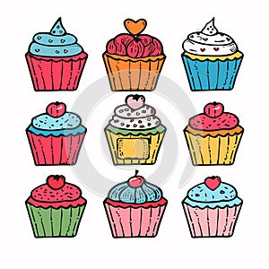 Assorted colorful cupcakes handdrawn illustration, topped icing decorations such hearts sprinkles photo
