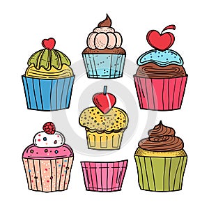 Assorted colorful cupcakes illustration featuring different toppings. Cupcakes cartoon set photo