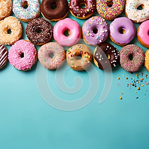 Assorted colorful doughnuts with different toppings and sprinkles on a teal background