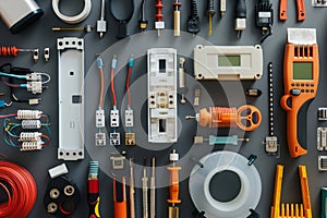 Assorted colorful electrical components and tools