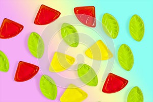 Assorted colorful fruit  jelly candy on rainbow