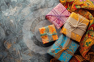 Assorted Colorful Gift Boxes on Textured Background, Celebration Concept