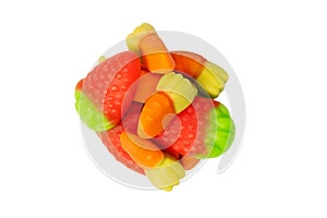 Assorted colorful gummy candies isolated on a white background. Top view. Jelly sweets