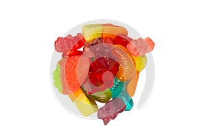 Assorted colorful gummy candies isolated on a white background. Top view. Jelly sweets