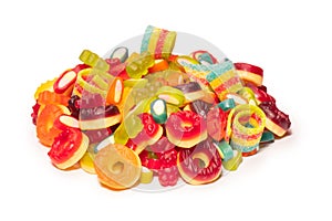 Assorted colorful gummy candies. Top view. Jelly donuts. Jelly bears. Isolated on a white background