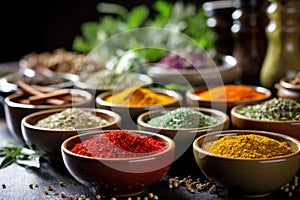 assorted colorful herbs and spices in small bowls