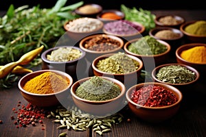 assorted colorful herbs and spices in small bowls