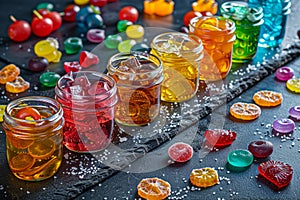 Assorted colorful jelly in jars, dark background, candy arrangement. Sweet dessert