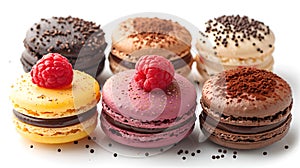 Assorted colorful macarons displayed elegantly with fresh raspberries, ideal for sweet tooth. delicious french desserts