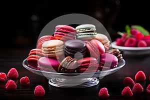 Assorted colorful macarons on elegant glass plate