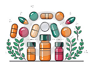 Assorted colorful medication pills and capsules near bottles. Green leaves included, indicating natural supplements or