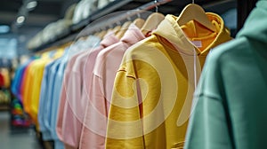 Assorted of colorful pastel colors casual attire hoodies on hangers in clothing shop close up