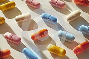 Assorted colorful pills on a bright background photo