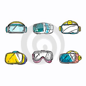 Assorted colorful ski goggles varieties laid out white background. Handdrawn ski masks design