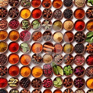 Assorted colorful spices and herbs, cookin ingredients in organized grid row, white background