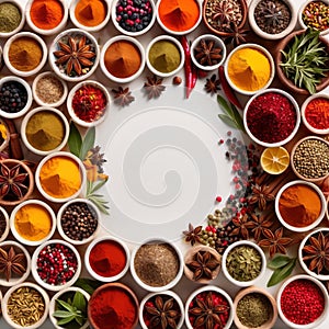 Assorted colorful spices and herbs, cookin ingredients in organized grid row, white background