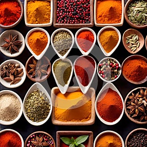 Assorted colorful spices and herbs, cookin ingredients in organized grid row, white background