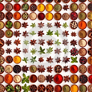 Assorted colorful spices and herbs, cookin ingredients in organized grid row, white background