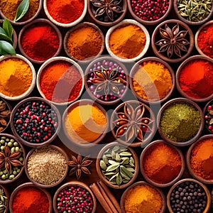 Assorted colorful spices and herbs, cookin ingredients in organized grid row, white background