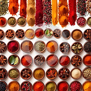 Assorted colorful spices and herbs, cookin ingredients in organized grid row, white background