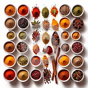 Assorted colorful spices and herbs, cookin ingredients in organized grid row, white background