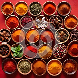 Assorted colorful spices and herbs, cookin ingredients in organized grid row, white background