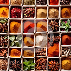 Assorted colorful spices and herbs, cookin ingredients in organized grid row, white background