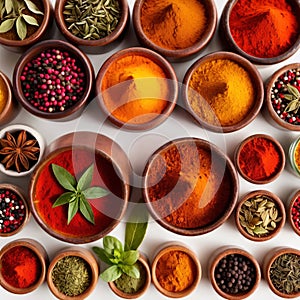 Assorted colorful spices and herbs, cookin ingredients in organized grid row, white background