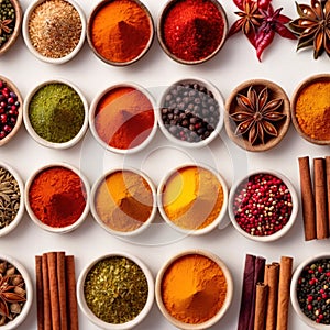 Assorted colorful spices and herbs, cookin ingredients in organized grid row, white background