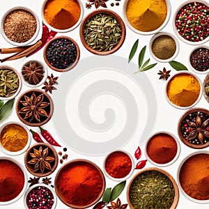 Assorted colorful spices and herbs, cookin ingredients in organized grid row, white background